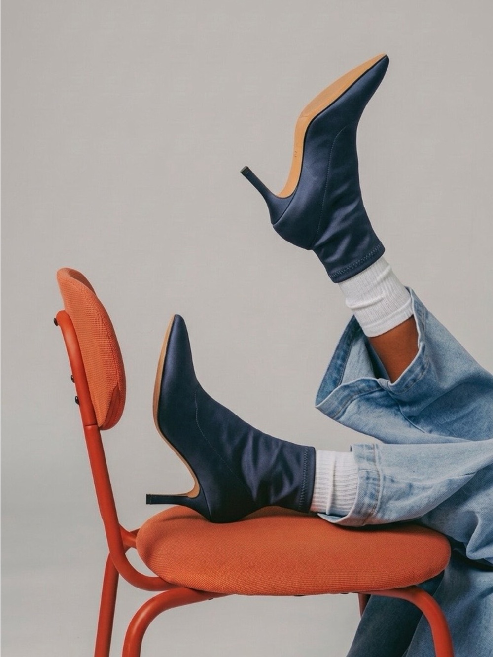 Pointed-Toe Navy Stretch Sock Boot with Stiletto Heel